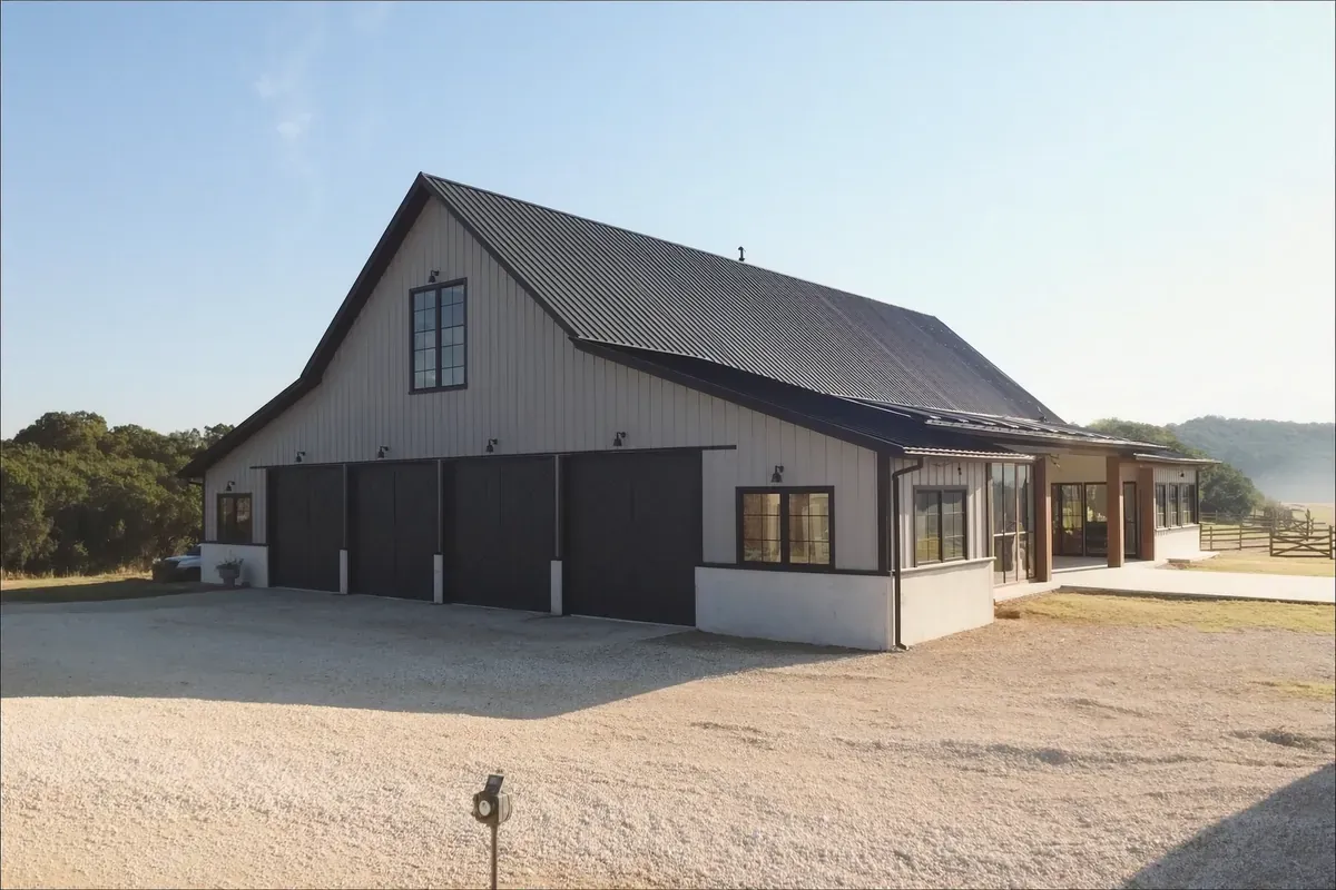 A white barndominium with black metal shop doors and a standing-seam roof on Hill Country acreage