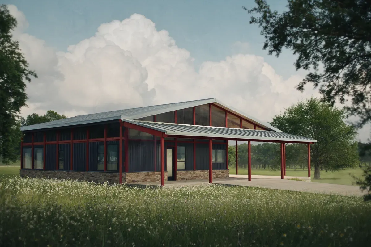 A red-iron metal building home with clerestory windows and a metal roof on Hill Country ranch land